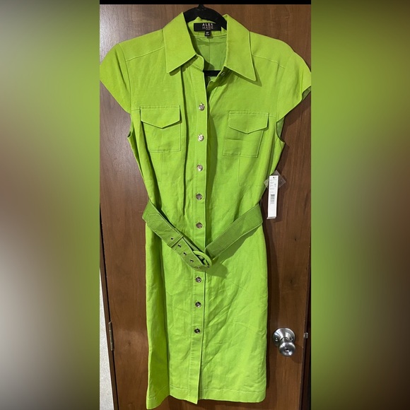 Alex Marie Petite Belted Shirt Dress Bermuda Green 8P NWT Button Front Pockets - Picture 3 of 13